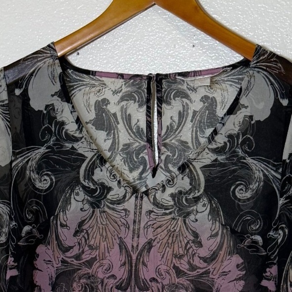 Boston Proper Women Blouse 2 Black Plum‎ Damask Bell Sleeve Whimsigoth Romantic - Picture 3 of 11